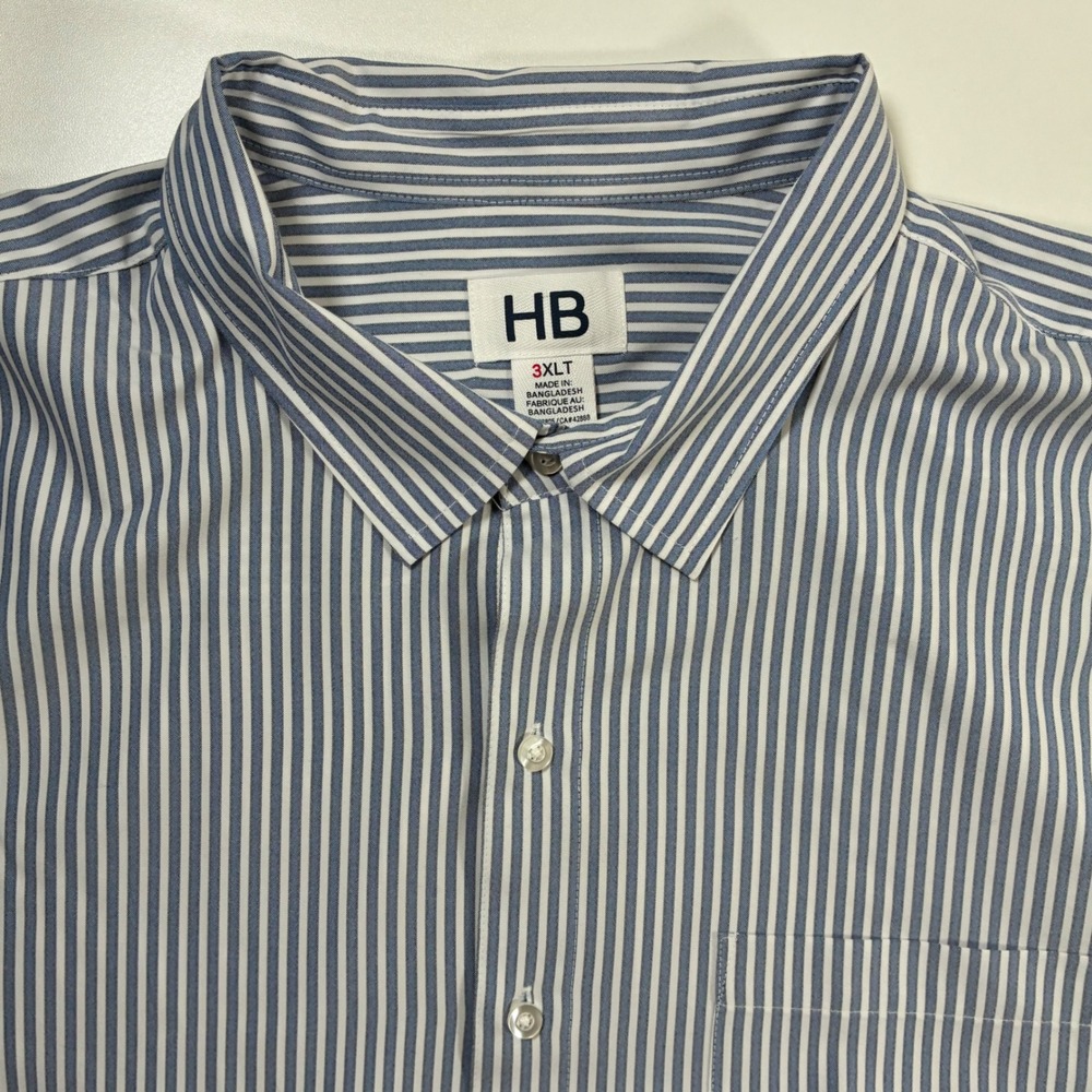 HB Button Down Shirt 3XLT Tall Blue Striped Short Sleeve Pocket Oxford